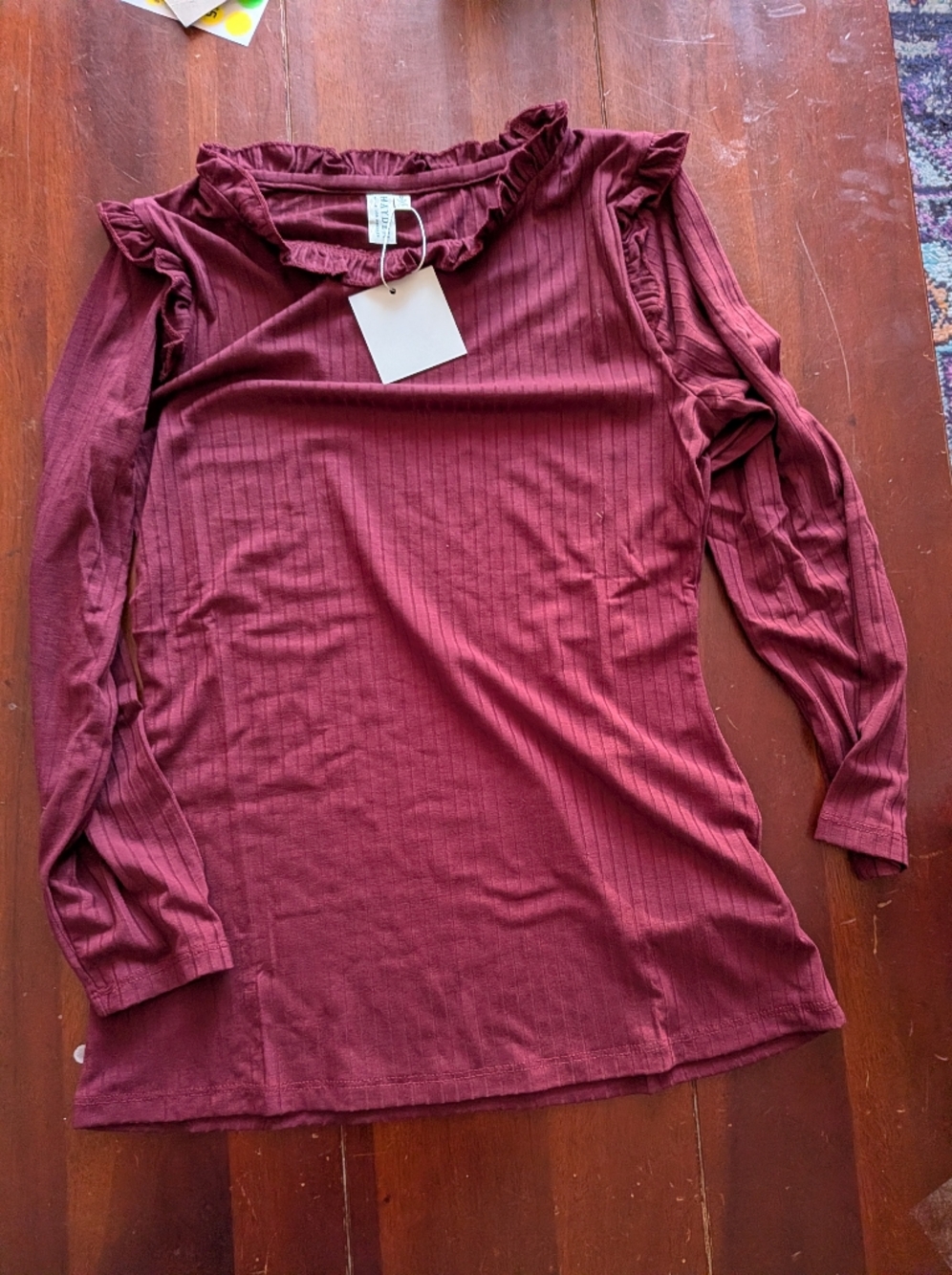Hayden Burgundy Ribbed Ruffle-Detail Long Sleeve Top